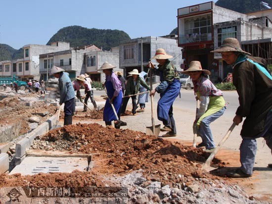 图为天等县天等镇大隆村群众正在忙着填土,准备修建人行道.