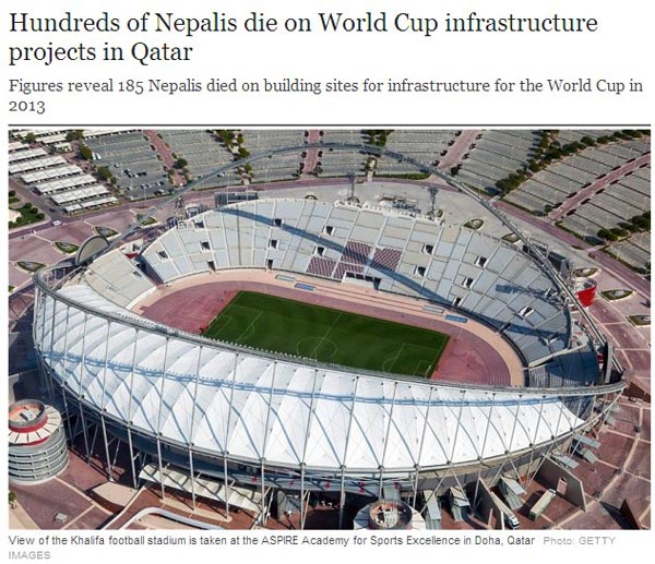 卡塔尔世界杯1年死185尼泊尔劳工 近600人丧