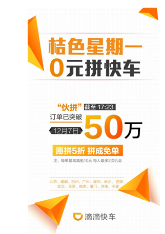 滴滴快车拼车订单创新高 17小时突破50万