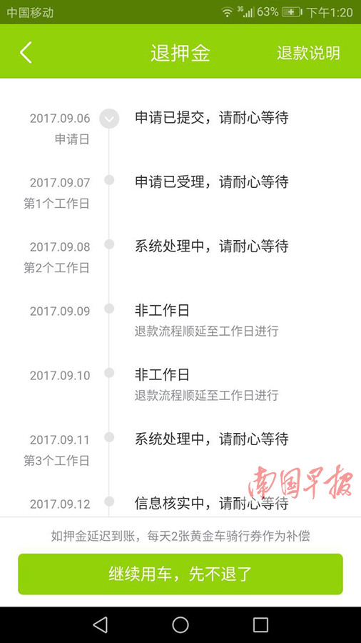 骑小绿车容易退押金有点难 官方回应:系统不稳