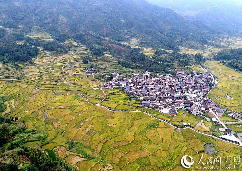 10月20日,无人机航拍的三江侗族自治县良口乡和里村稻田