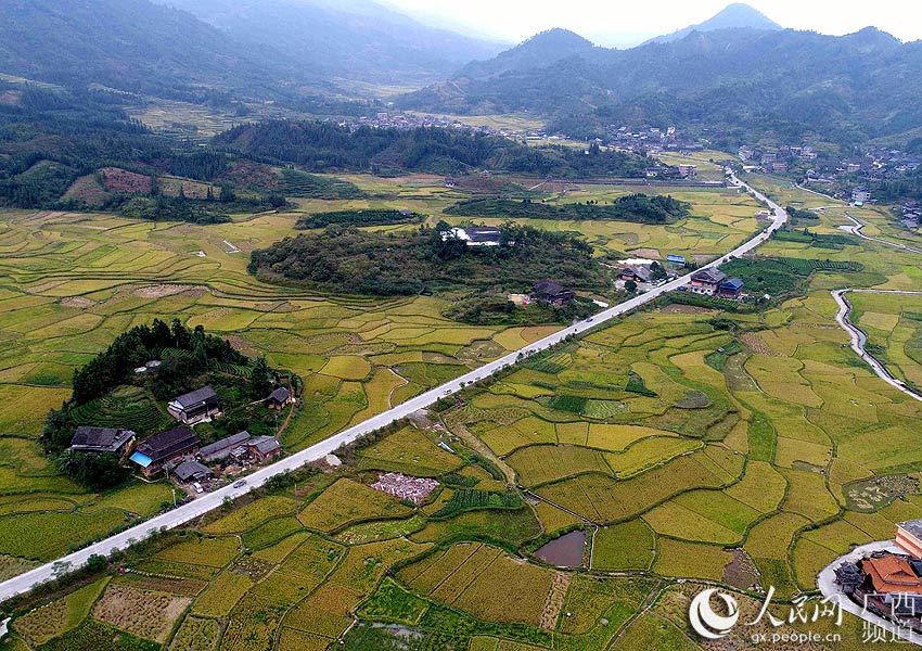 10月20日,无人机航拍的三江侗族自治县良口乡南寨村稻田