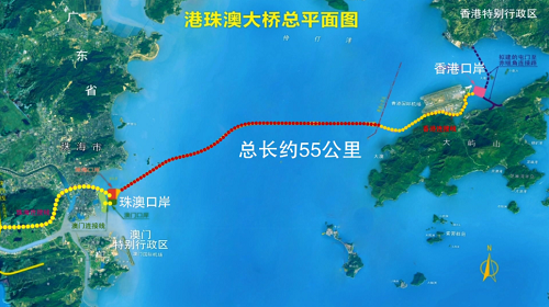 (红色部分为主体工程,黄色部分分别为大桥与香港,珠海,澳门的连接线)