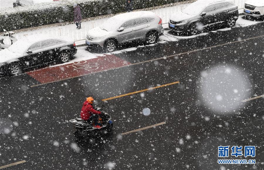 2月12日,市民在北京市海淀区北洼路骑电动车冒雪前行 当日,北京降雪.