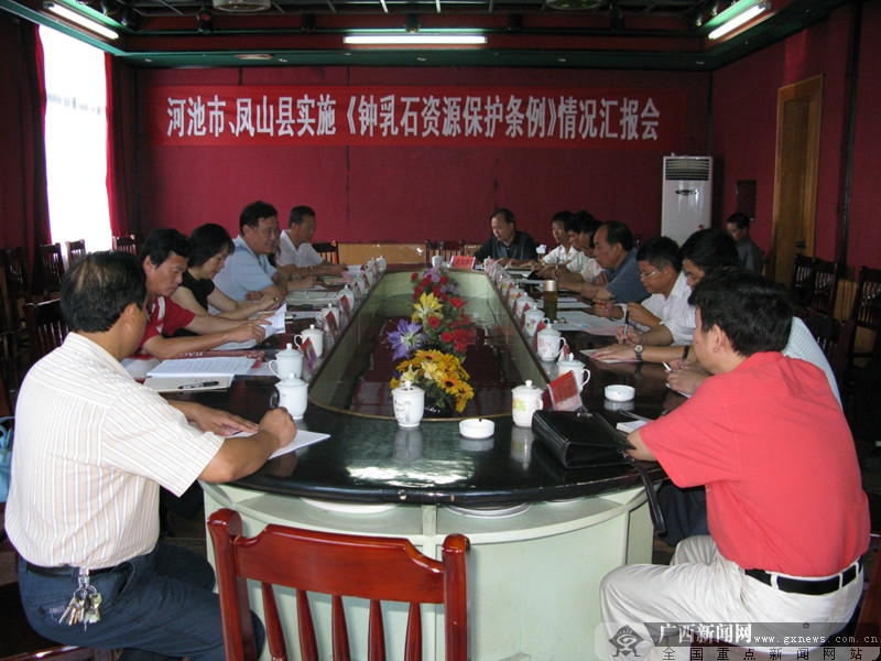 2008年7月,自治区十一届人大常委会调研组听取河池市,凤山县贯彻实施