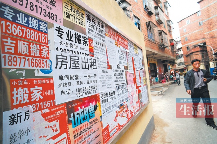 村里的公告栏贴着许多租房信息.