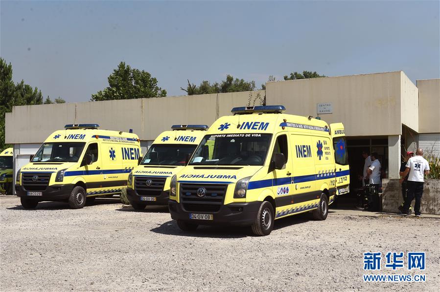 6月18日,在葡萄牙中部大佩德罗冈地区,救护车在火灾现场附近待命.