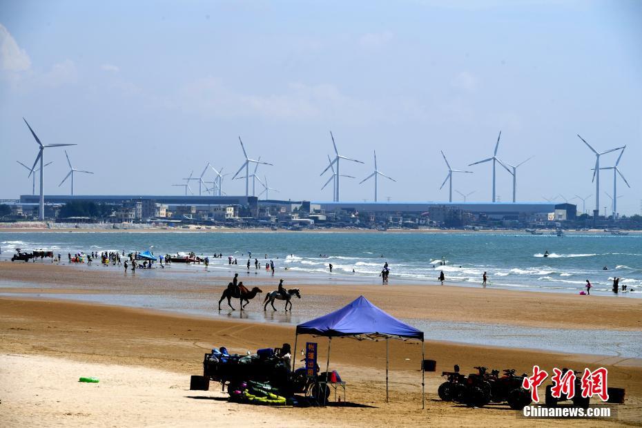 8月8日,位于福建省漳浦县六鳌镇海边的风电场蔚为壮观,吸引许多游客前