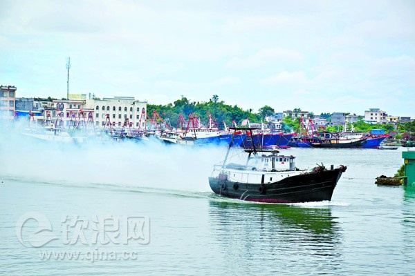 8月16日,在龙门渔港,渔船驶离码头.记者 周丽虹摄(钦浪网)