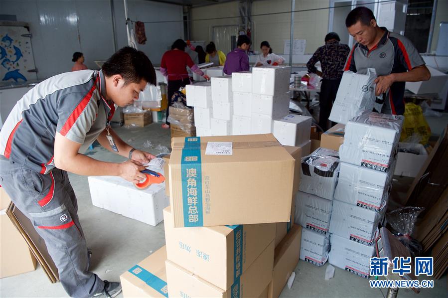 在澳角村一家海鲜包装车间,两名快递员在打包邮件(5月10日摄).