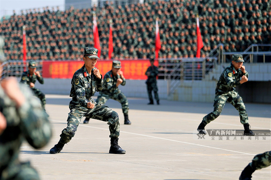 图为示范兵在进行擒敌拳课目演示.