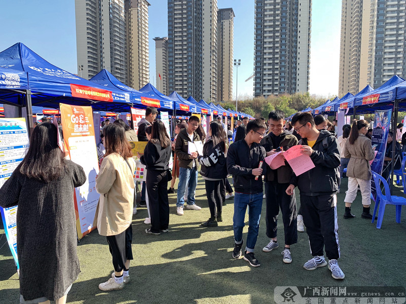 求职者在展位前自信研读企业招聘信息.广西新闻网记者 蓝于涵 摄