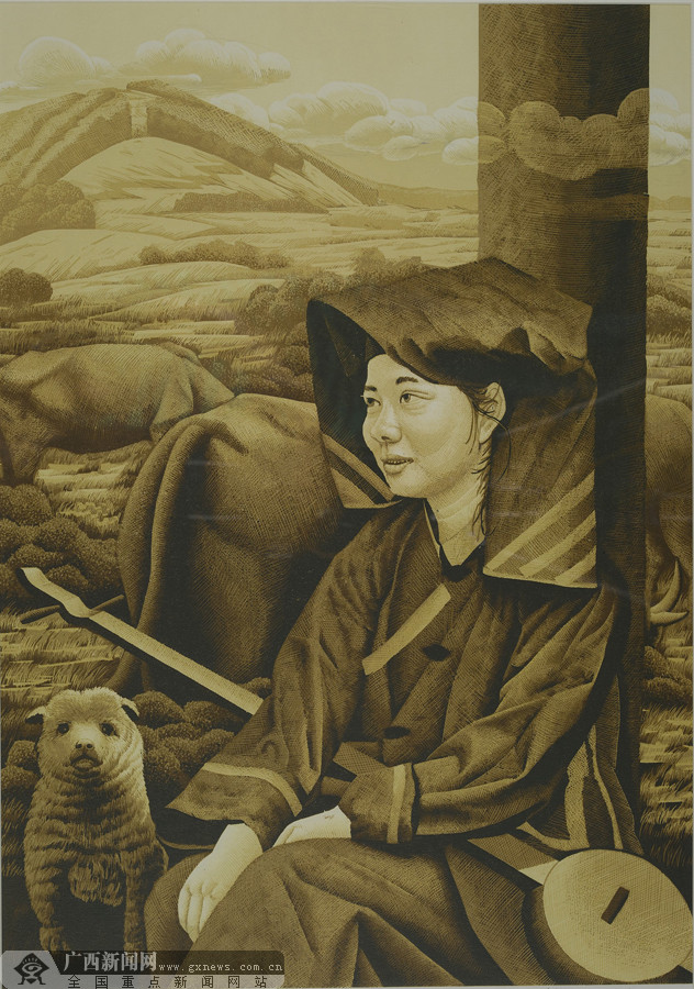 版画放牛的壮族姑娘