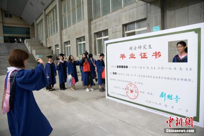 资料图:毕业生在创意毕业证书背景板后排队留影中新社记者 武俊杰 摄