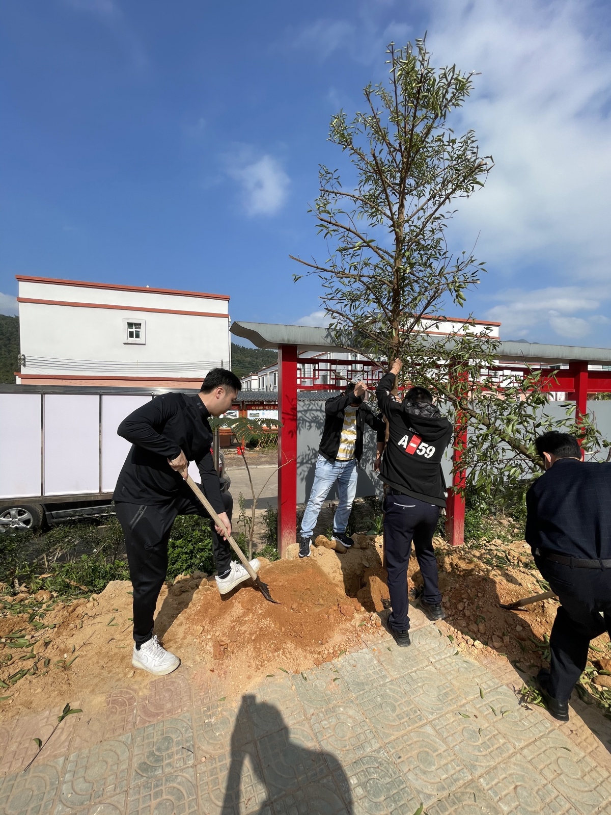 碧桂园广西区域总裁杨舜凯在那巴村回建区植树.董彬彬 供图